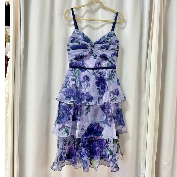Marchesa Notte Floral Tiered Twist Front Tea Length Dress Organza Lilac US 4 - Picture 3 of 7